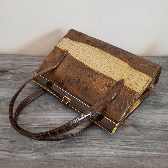 Vintage Two Tone Crocodile Leather Handbag Brown Cream Matching Wallet MCM - Picture 3 of 15
